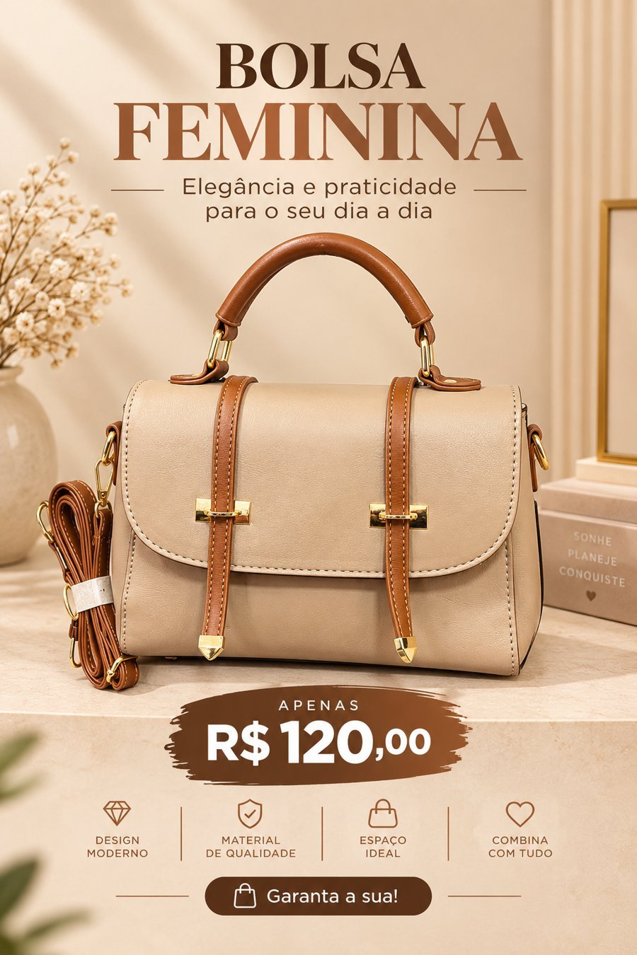 Bolsa feminina bege, R$ 120,00