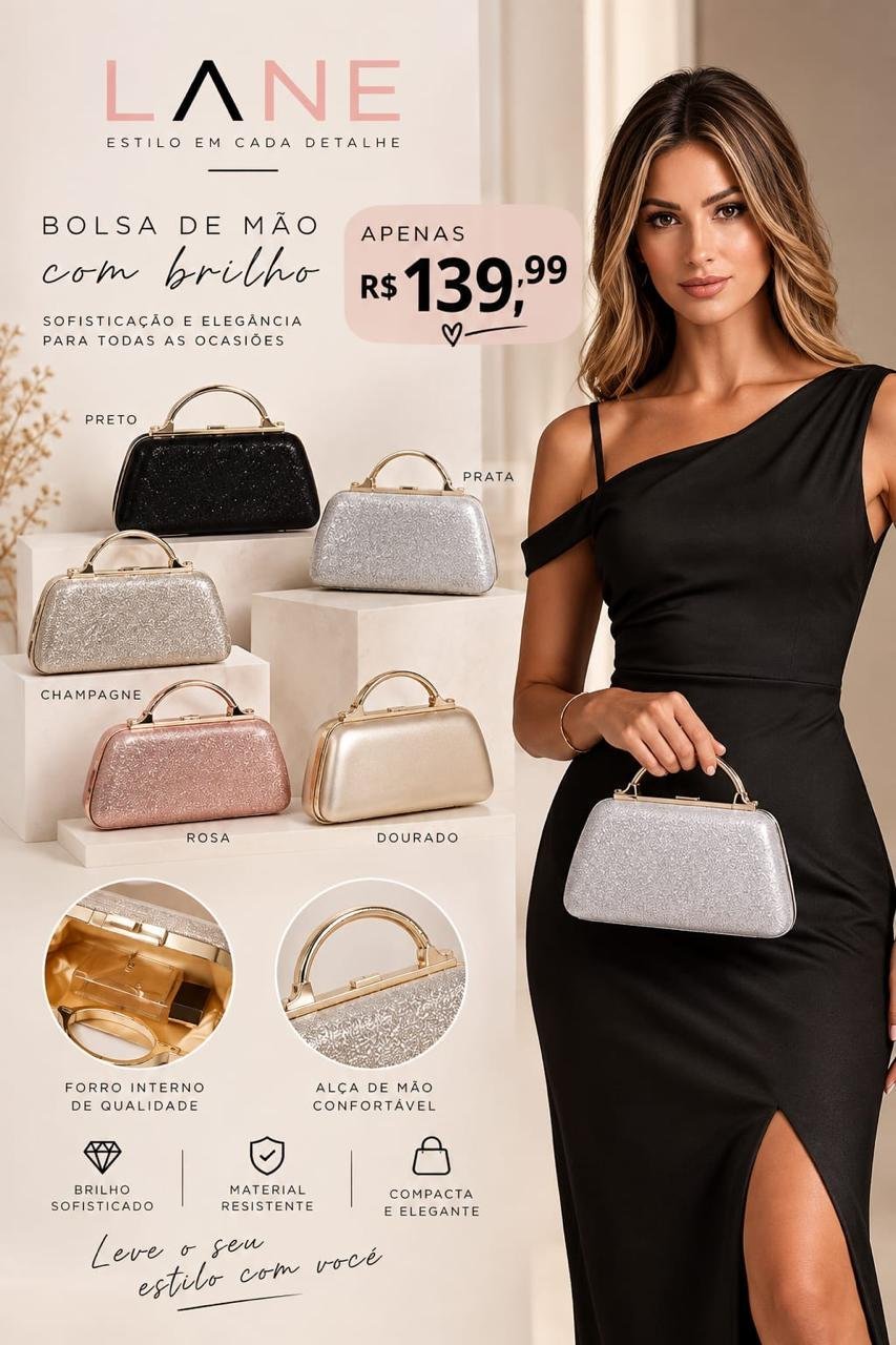 Bolsa de mão com brilho, R$ 139,99