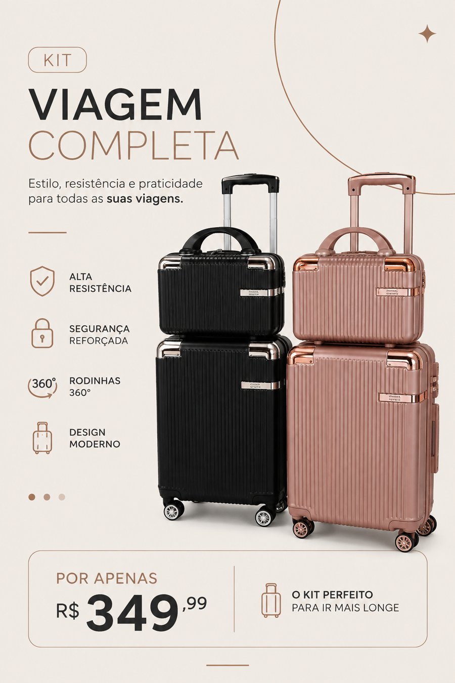 Kit Viagem Completa, mala e necessaire, por R$ 349,99