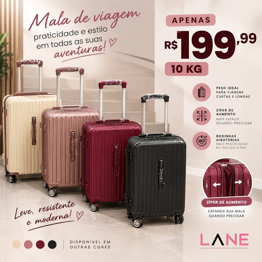 Mala de viagem de 10kg, R$ 199,99