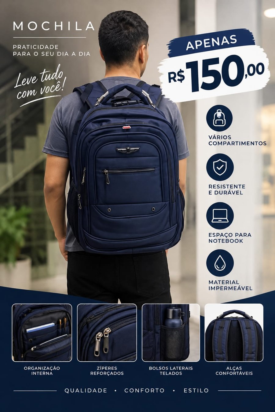 Mochila azul, R$ 150,00